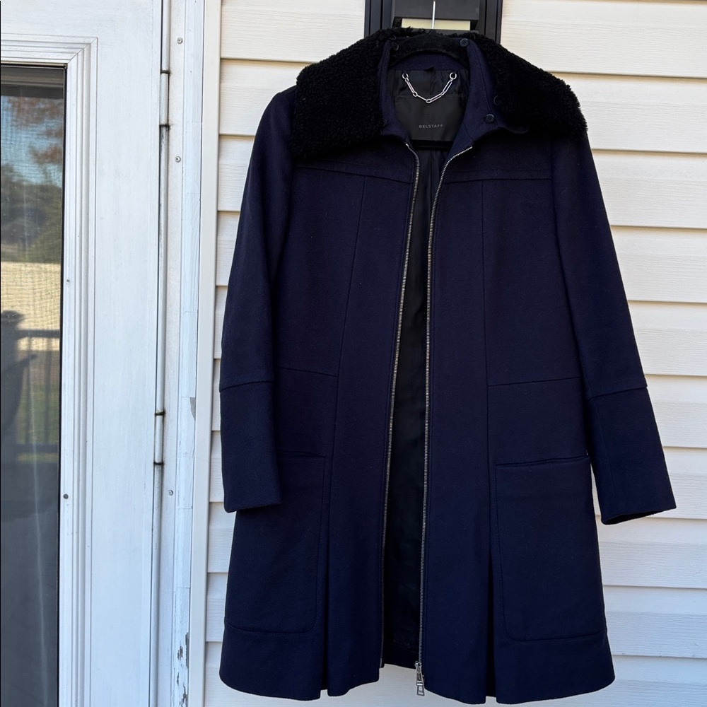 Belstaff ITALY Ladies Blue Black shearling collar wool cashmere coat-S-VINTAGE